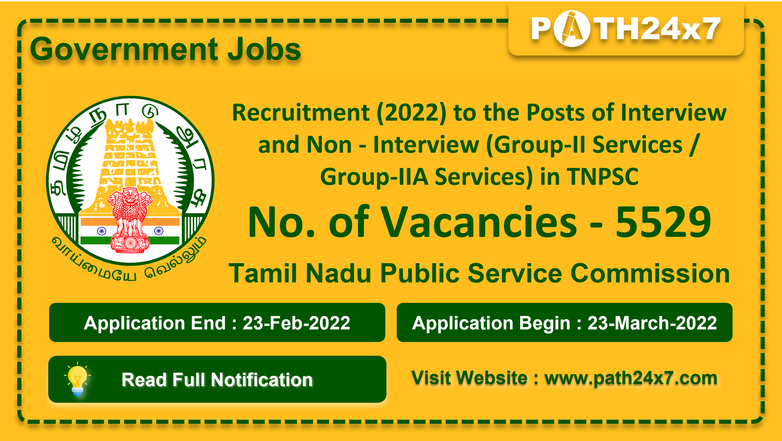 Recruitment (2022) to the Posts of Interview and Non - Interview (Group-II Services / Group-IIA Services) in TNPSC, No. of Vacancies - 5529, Important Dates, Application Fees, Age Limit, Educational Criteria, Physical Criteria, Vacancy Details, How to Apply By Online | Tamil Nadu Public Service Commission